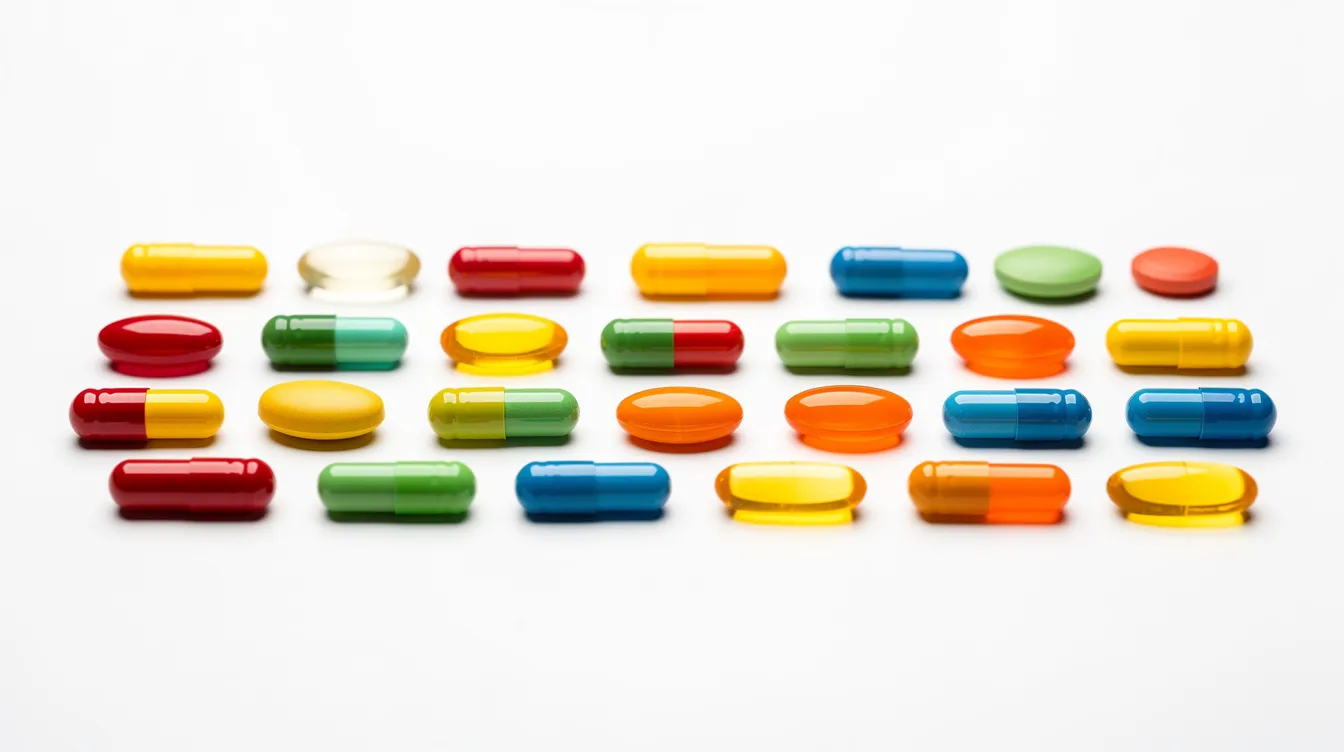 The image features an array of colorful supplement capsules neatly arranged on a clean white surface, highlighting various longevity supplements that may support cellular health and overall well-being. These vibrant capsules symbolize the potential long-term health benefits associated with nutrients that promote energy, immune system function, and anti-aging effects.
