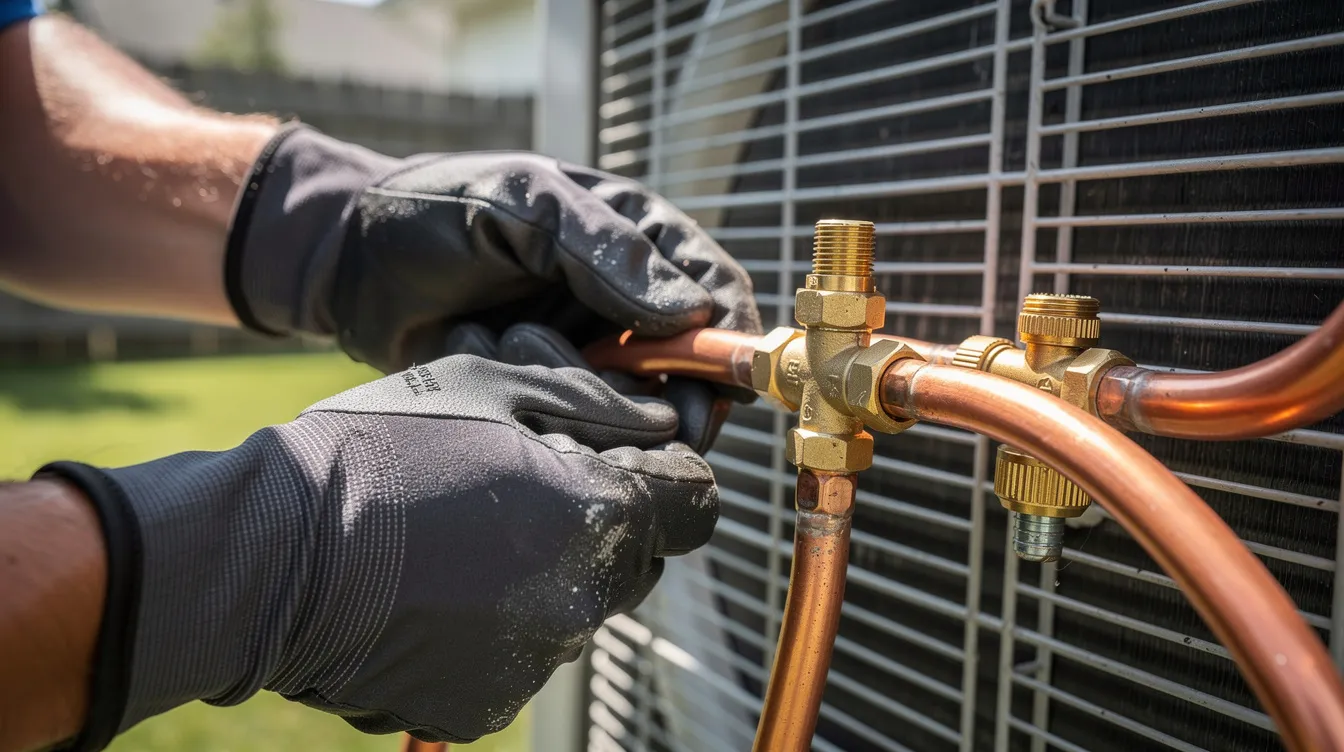 A close-up image shows an HVAC technician's hands skillfully connecting copper refrigerant lines to an outdoor air conditioning condenser, highlighting the intricate work involved in installing energy-efficient Trane air conditioners. This process is essential for ensuring optimal performance and energy savings in cooling units.