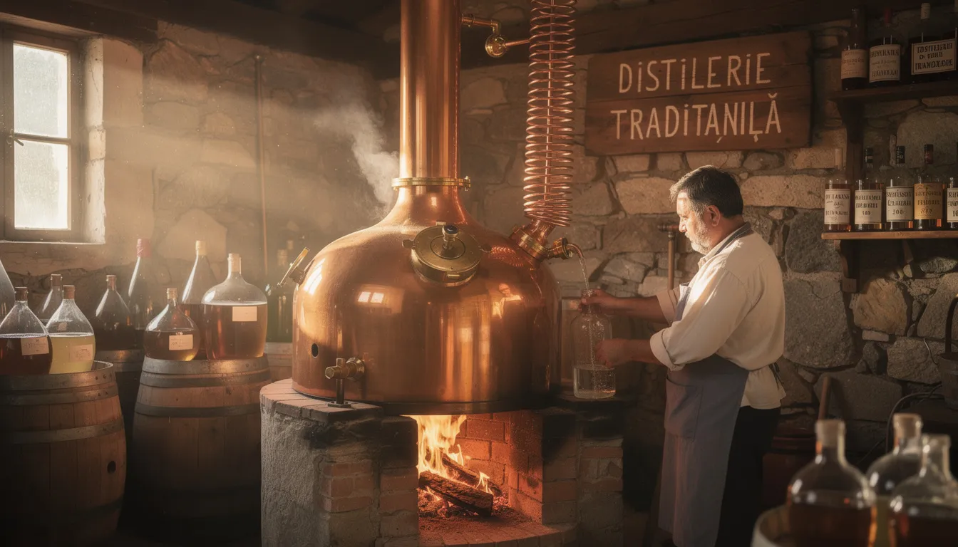 La imagen muestra una destilería tradicional rumana con un alambique de cobre en funcionamiento, donde se elaboran bebidas típicas de la gastronomía rumana. El entorno refleja las tradiciones del país, destacando la importancia de la cocina y las recetas en la cultura rumana.
