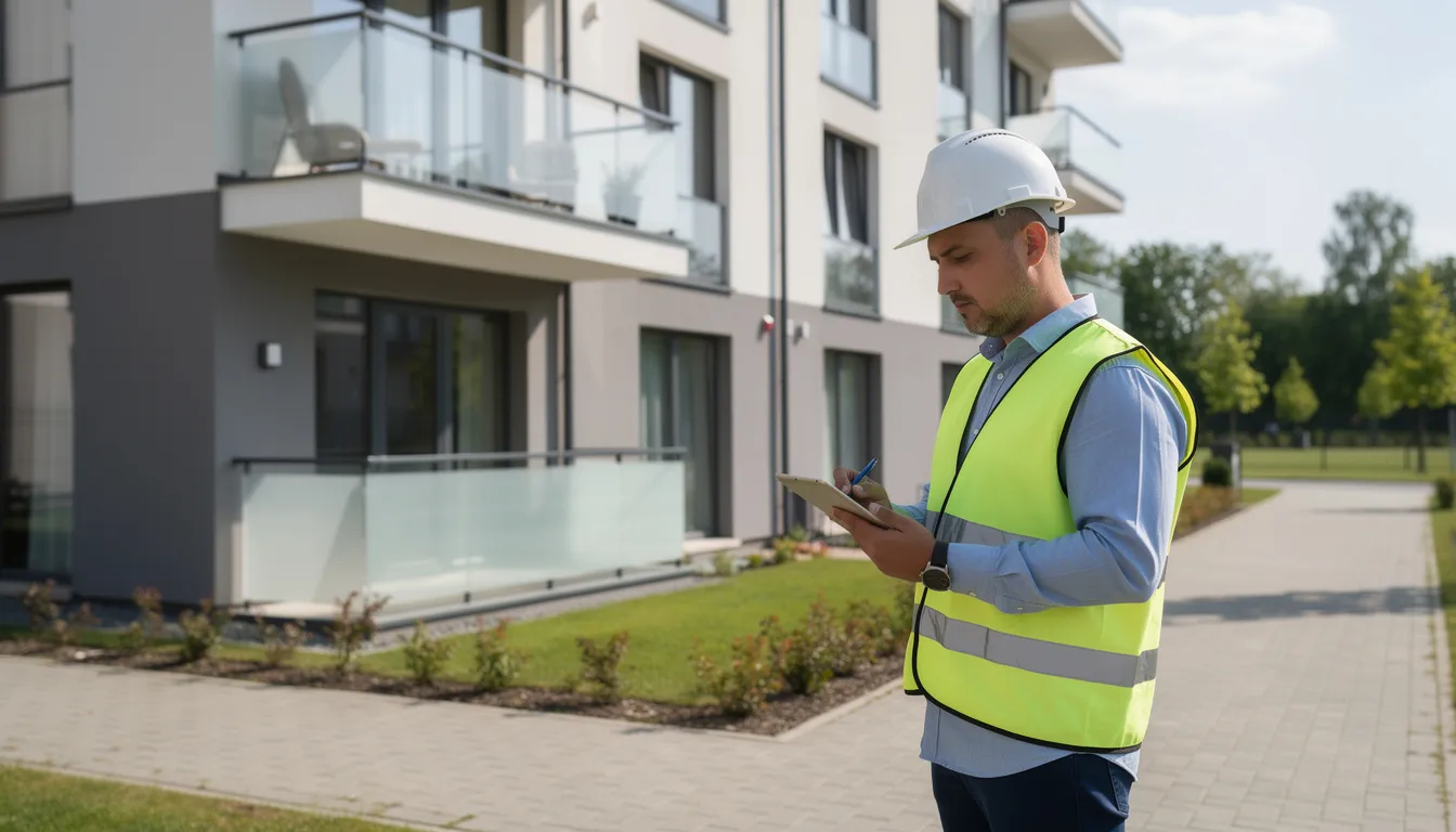 Na zdjęciu widoczny jest profesjonalista z tabletem, który przeprowadza inspekcję budynku mieszkalnego, analizując jego efektywność energetyczną i przygotowując się do wystawienia świadectwa charakterystyki energetycznej budynku. W tle można dostrzec elementy architektury, które są istotne dla oceny charakterystyki energetycznej nieruchomości.