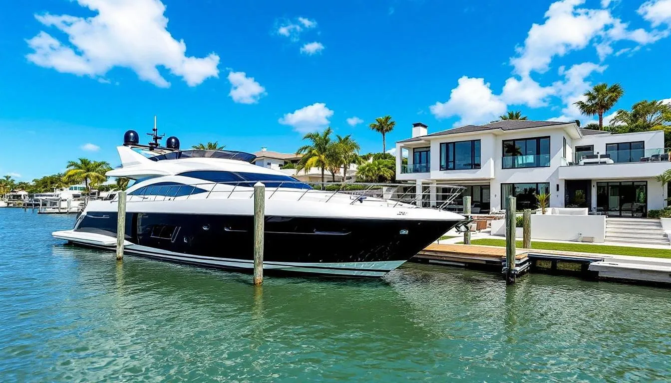 The image features a luxury yacht docked at a private waterfront home in Aqualane Shores, showcasing the exquisite coastal elegance of Naples, Florida. This stunning estate includes a large private dock, multiple lounge spaces, and breathtaking views of Naples Bay, epitomizing refined waterfront living in a prestigious neighborhood.