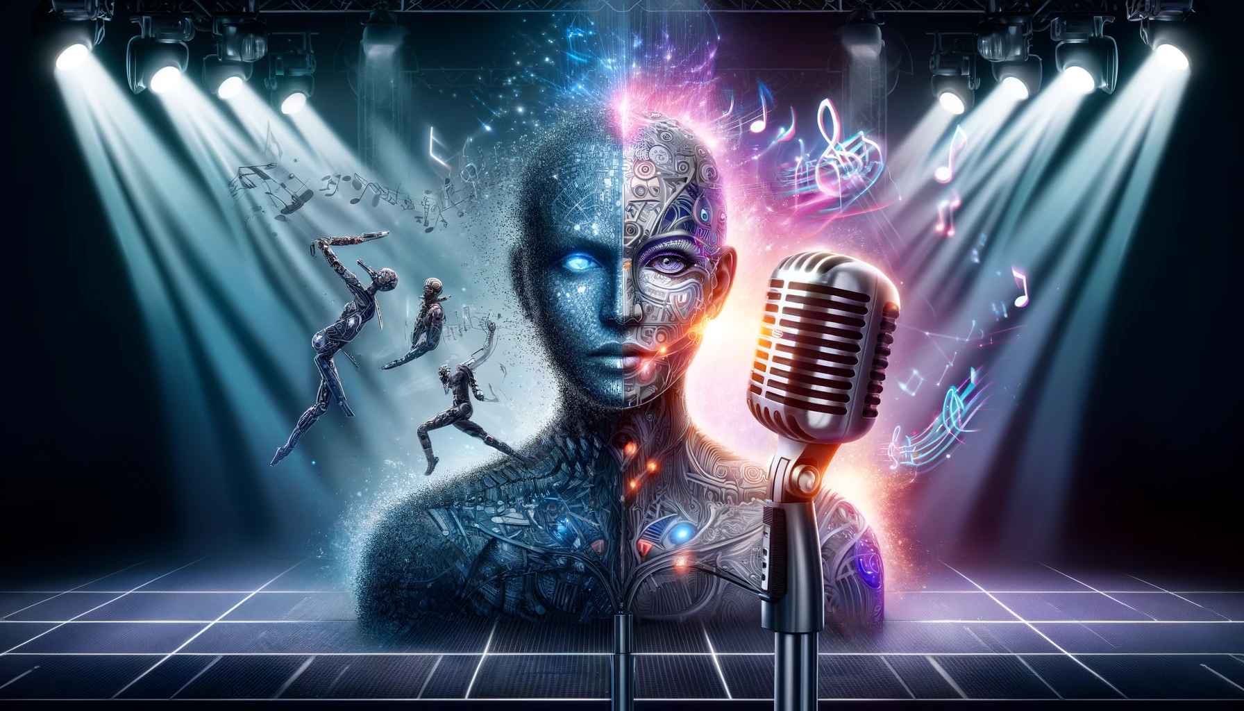 A horizontal image depicting a famous singer morphing into an AI while performing on stage. One half of the singer's face and body is human, while the other half transitions into a digital or robotic form. The image includes elements like a microphone, musical notes, and digital effects to emphasize the performance and transformation. The background blends elements of a concert stage with futuristic, tech-inspired visuals.