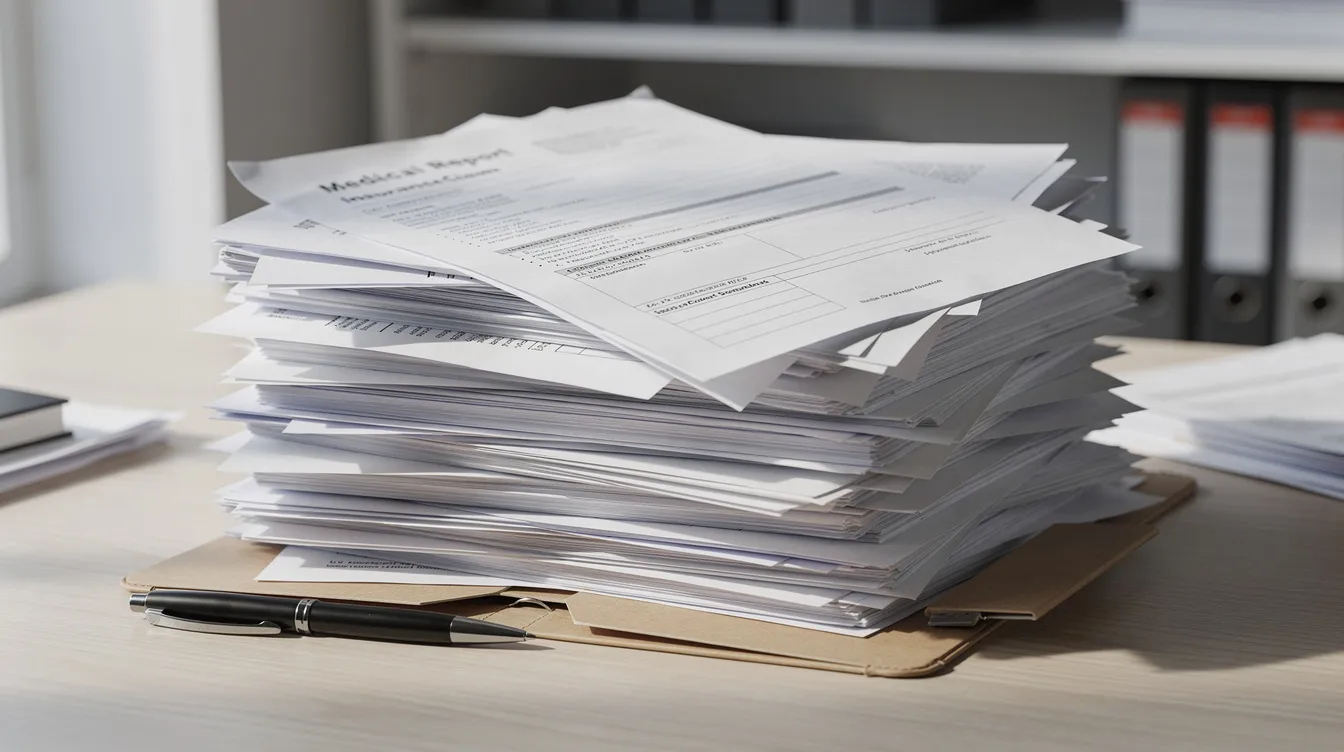 A cluttered desk displays a stack of medical documents and insurance forms, highlighting the essential paperwork involved in a personal injury claim process. This scene underscores the importance of having an experienced personal injury attorney to navigate the legal complexities and pursue fair compensation for accident victims.