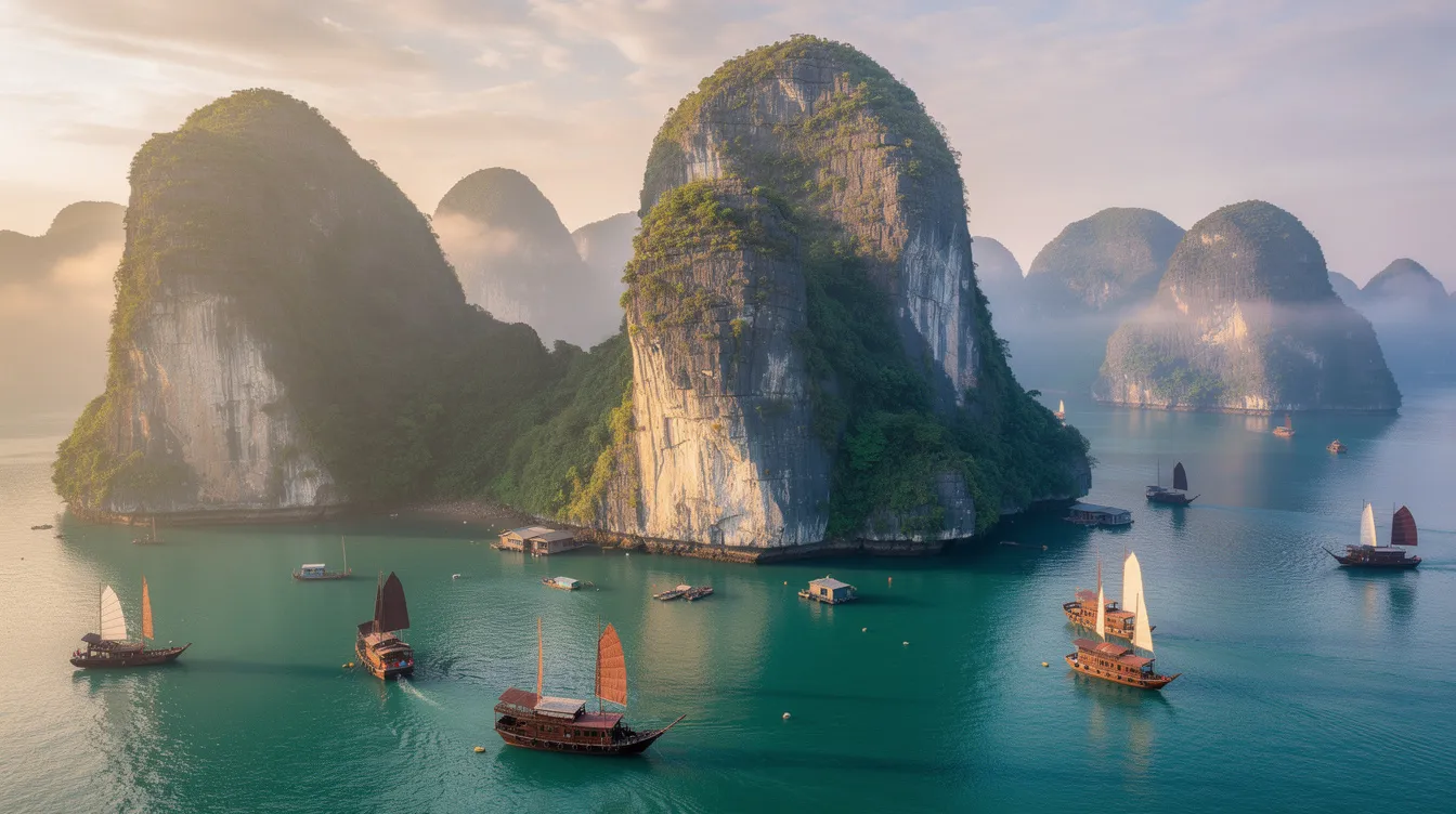 A imagem mostra a deslumbrante Baía de Halong, no Vietnã, com suas formações rochosas impressionantes emergindo das águas verde-esmeralda. Este destino é conhecido por suas paisagens naturais e é uma parada popular para quem viaja pelo Sudeste Asiático, oferecendo uma experiência única entre ilhas e vilarejos flutuantes.