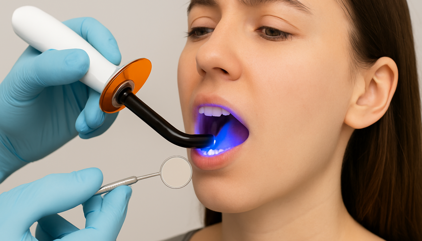 Ising i tennene etter fylling – Hva er normalt? 4 Ung kvinne får lysherdet en tann etter fylling under tannbehandling, blått lys lyser opp innsiden av munnen.