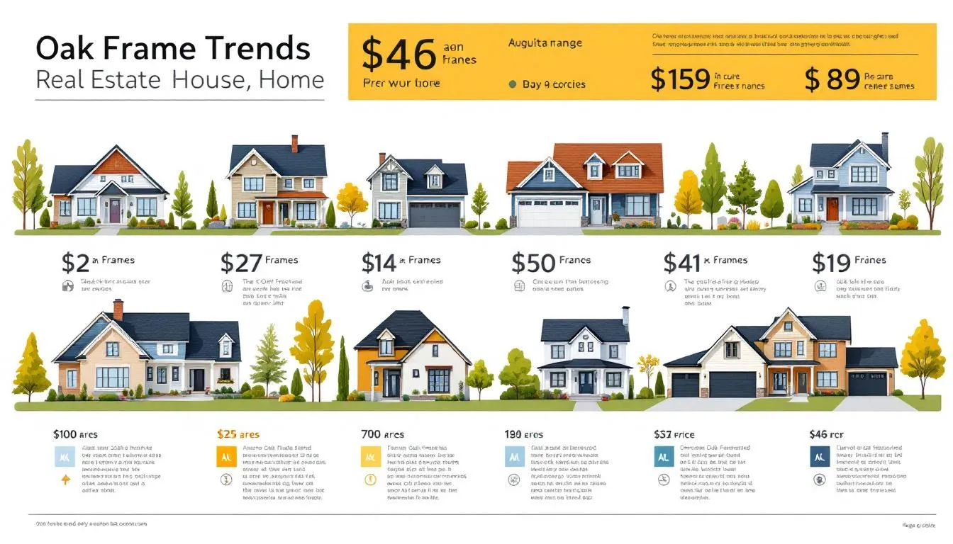 An illustration of various oak frame houses showcasing different styles and prices.