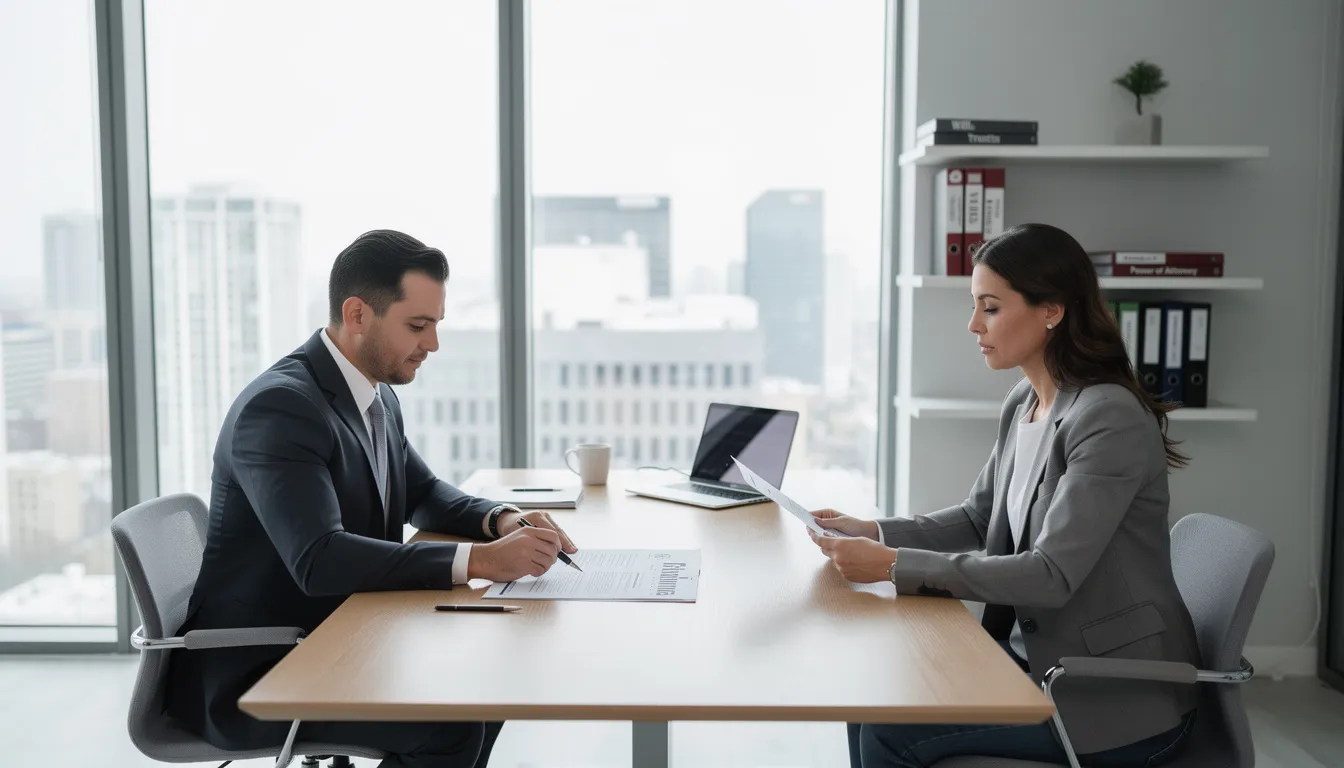 A professional estate planning lawyer sits at a modern office desk, reviewing legal documents with a client, who appears engaged and attentive. This scene highlights the importance of legal guidance in navigating estate tax liabilities and ensuring the proper management of significant assets under California law.