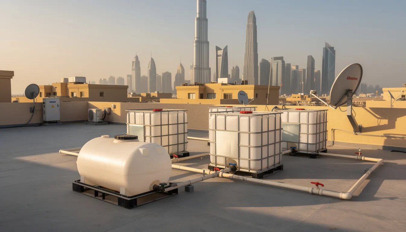 The image depicts a Dubai villa rooftop featuring a newly installed water tank, with the stunning city skyline visible in the background. This installation is crucial for ensuring a safe and reliable water supply, highlighting the importance of regular water tank cleaning and maintenance services in Dubai for optimal water quality.
