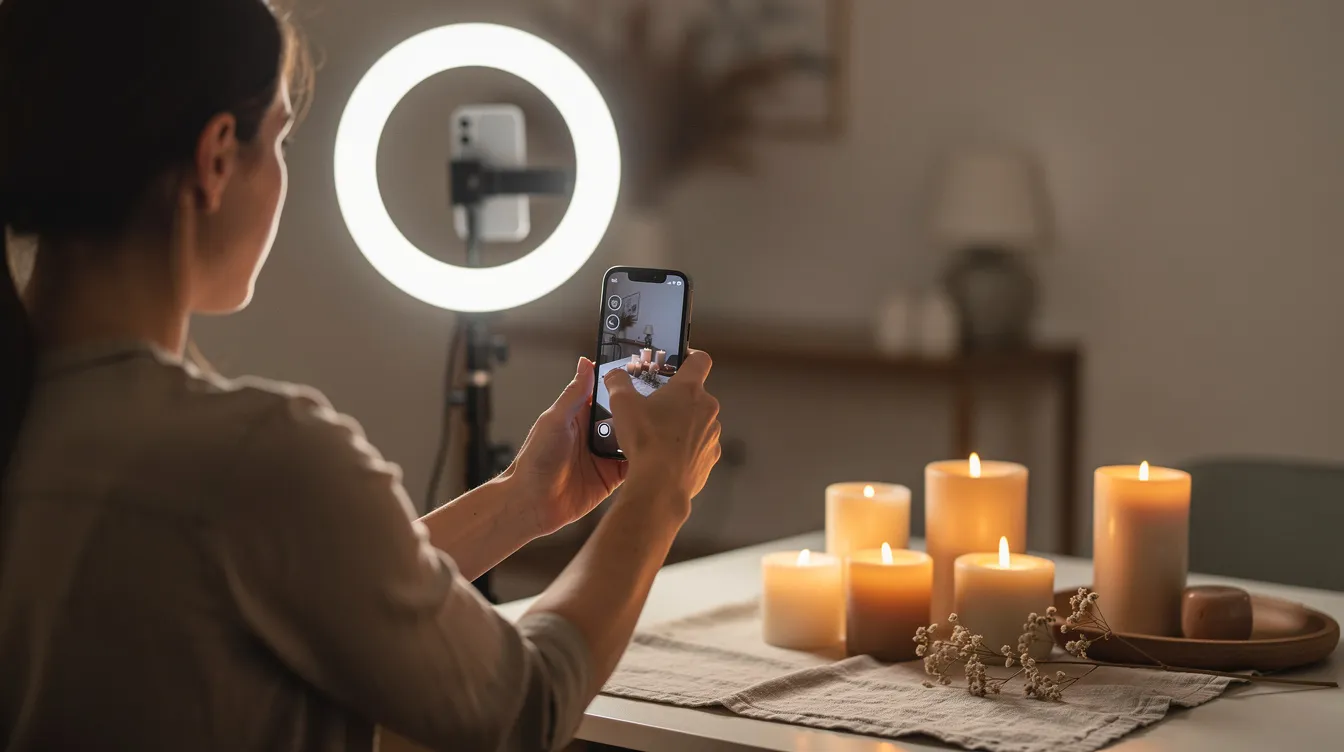 A person is photographing a variety of scented candles using a ring light, creating an inviting ambiance for social media content. The setup highlights the quality and unique designs of the candles, perfect for dropshipping and appealing to eco-conscious consumers.