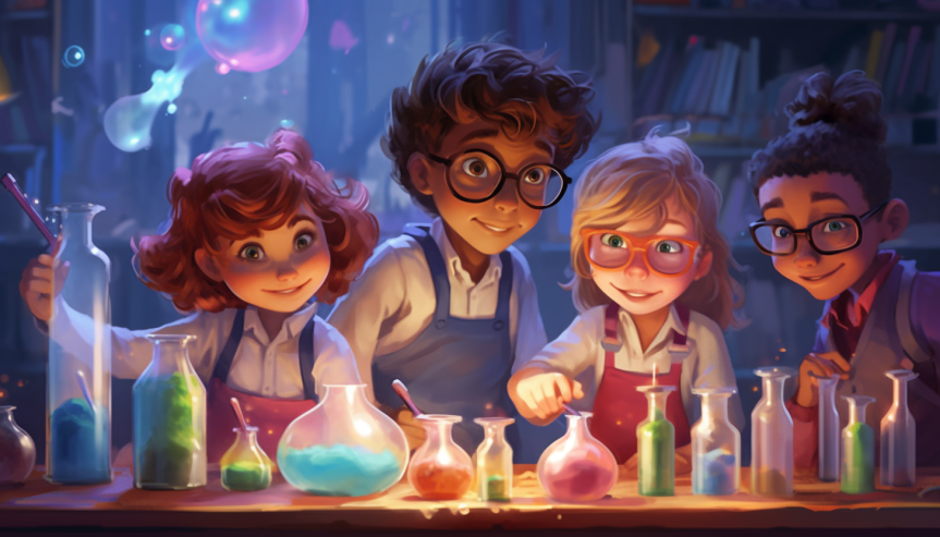 A group of kids performing fun chemistry experiments