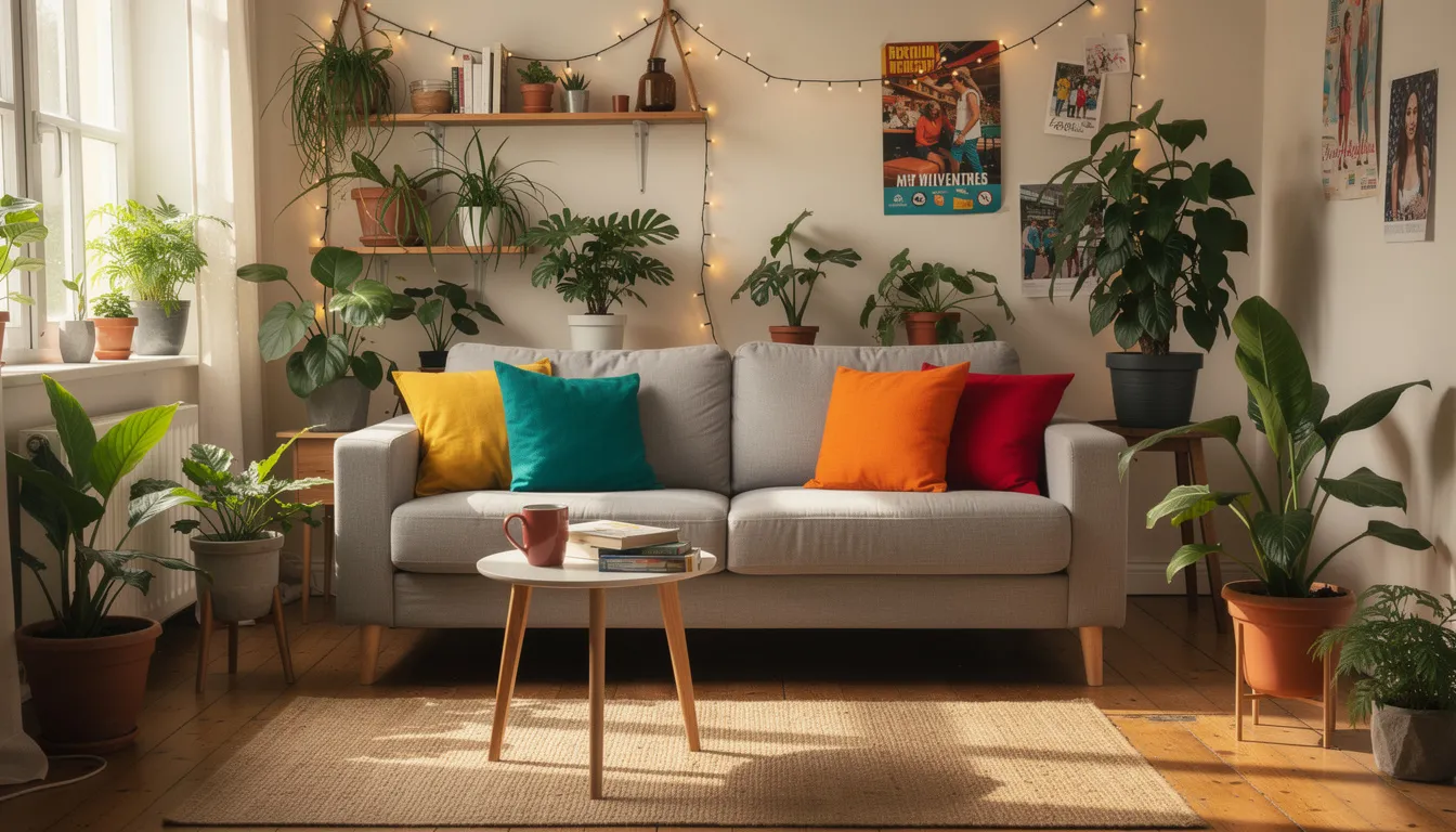 Een neutrale grijze bank met kleurrijke kussens staat centraal in een gezellige studentenkamer, omringd door groene planten. Deze compacte bank is perfect voor kleine ruimtes en biedt een comfortabele zitplek voor studenten om te ontspannen of te studeren.