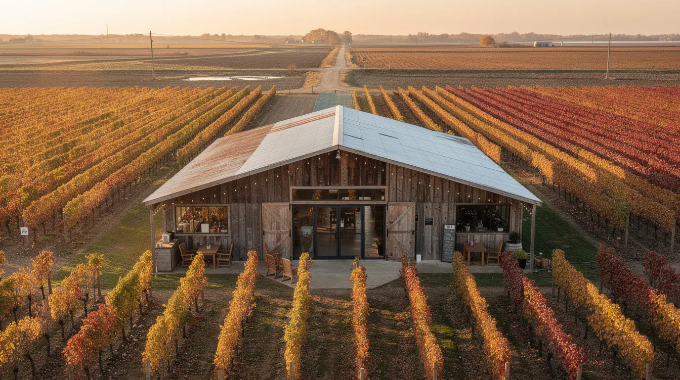 The image depicts a rustic repurposed agricultural building, serving as a tasting room for wine enthusiasts, surrounded by vibrant autumn-colored vineyard rows in the fertile Delta farmland of Clarksburg wine country. This charming venue invites visitors to enjoy award-winning wines and savor the picturesque landscape.