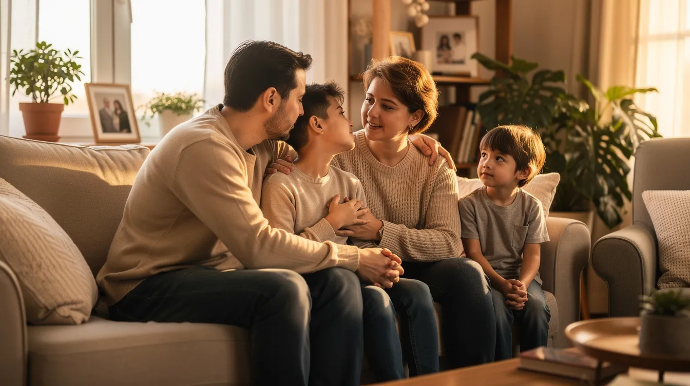 The image depicts a family engaged in a supportive conversation, providing emotional comfort to one another, likely discussing the challenges faced by a loved one dealing with a spinal cord injury. The atmosphere conveys a sense of unity and understanding, highlighting the importance of support in the journey of recovery from serious injuries, such as those resulting from car accidents.