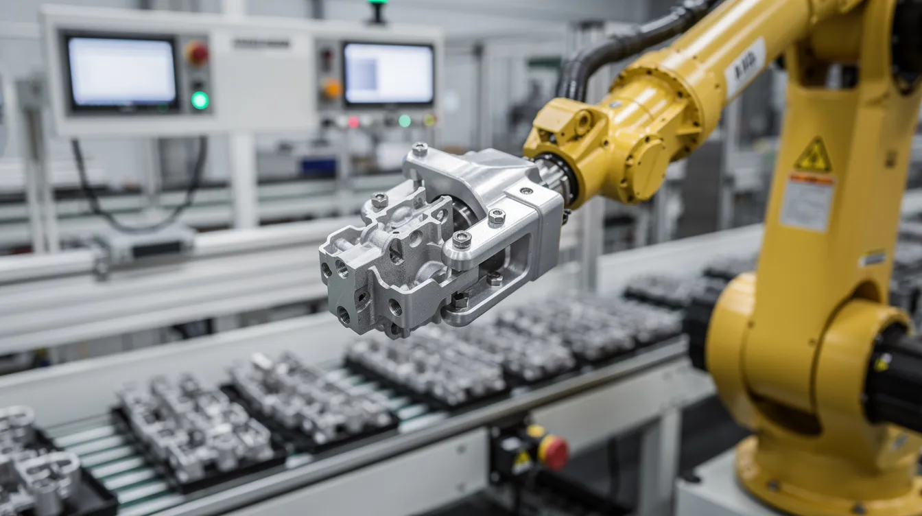 The image depicts a robotic arm equipped with a custom machined aluminum end-effector, skillfully gripping a component on an assembly line, showcasing the precision of CNC machining services in the manufacturing process. The scene highlights the use of advanced technology in production parts, emphasizing the importance of tight tolerances and efficient machining processes in various industries.