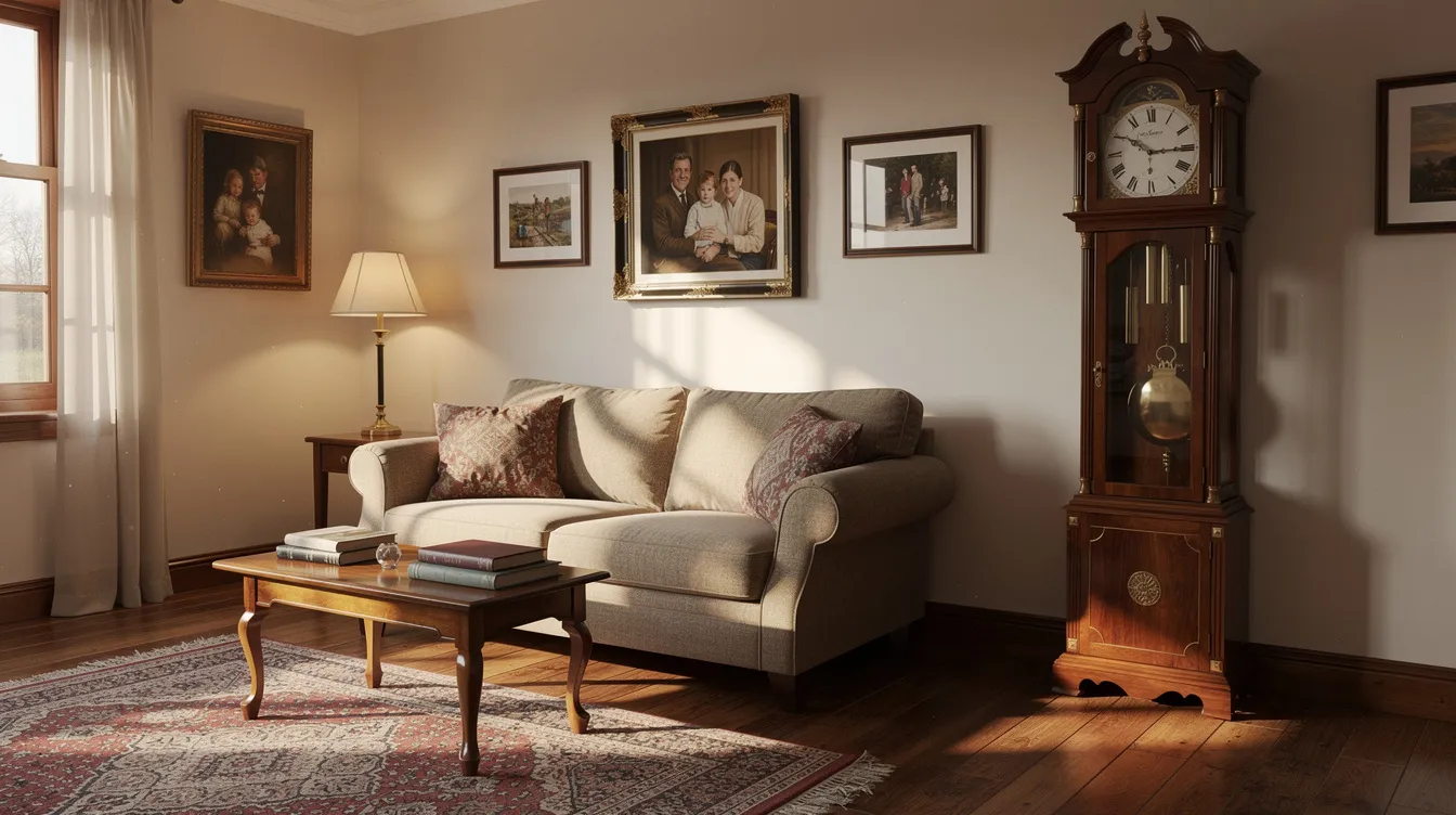 In a traditional living room with wooden floors, a beautifully crafted grandfather clock stands tall, showcasing its elegant clock face and glass panels. The clock's chime rods and pendulum are visible, reflecting its intricate design and the timeless charm it brings to the space.