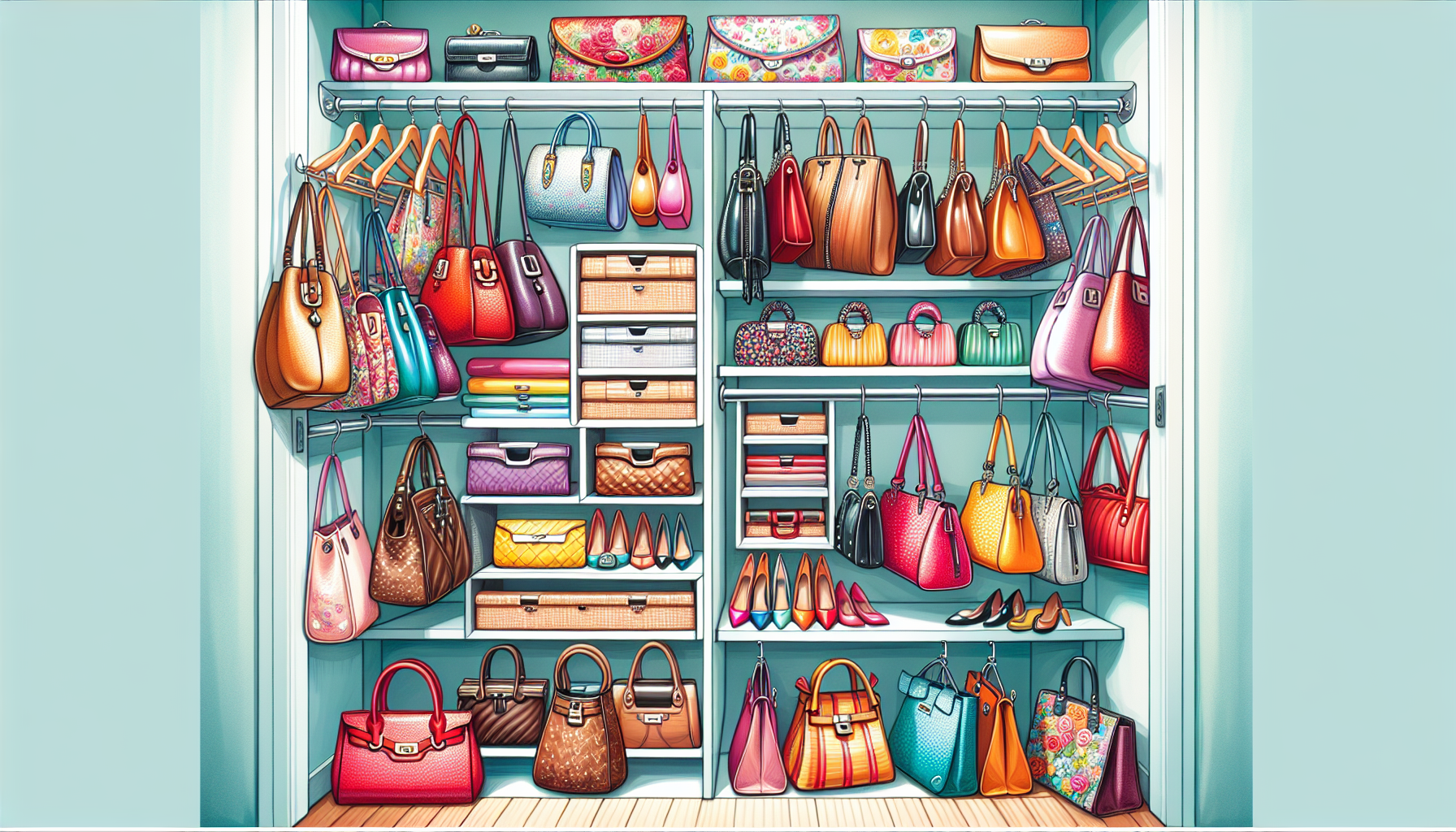 A visual representation of closet storage ideas for purses, including organizers and hangers.