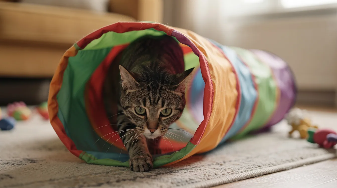 A cautious tabby cat is sniffing a colorful cat tunnel made of crinkly material, placed on the living room floor, as it explores this new addition to its play area. The tunnel, designed for fun and security, offers an escape route for indoor cats and is perfect for playtime with different toys.