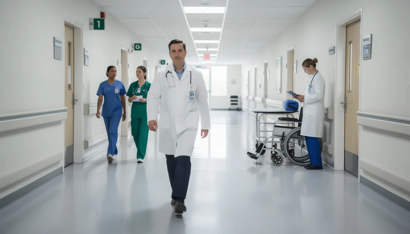 The image depicts a bustling hospital corridor where medical professionals, including doctors and nurses, are walking and attending to their duties. This scene highlights the essential role of healthcare providers in delivering medical care and addresses the importance of legal services for those affected by medical malpractice and related claims.