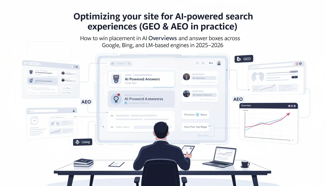 The image depicts a futuristic digital landscape showcasing various AI-powered search engines and tools designed for search engine optimization. It highlights the importance of keyword research, content creation, and optimizing for user intent to enhance search engine rankings and visibility in AI-generated results.