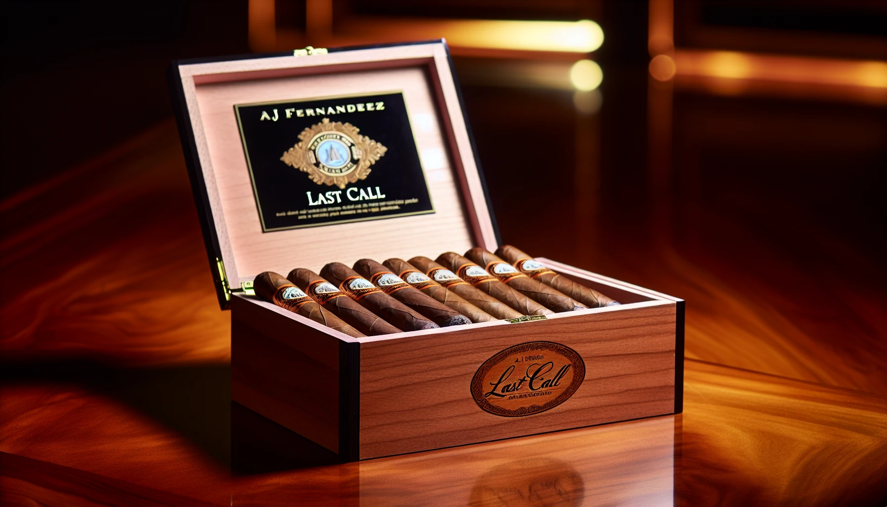 A box of AJ Fernandez Last Call cigars resting on a cedar table