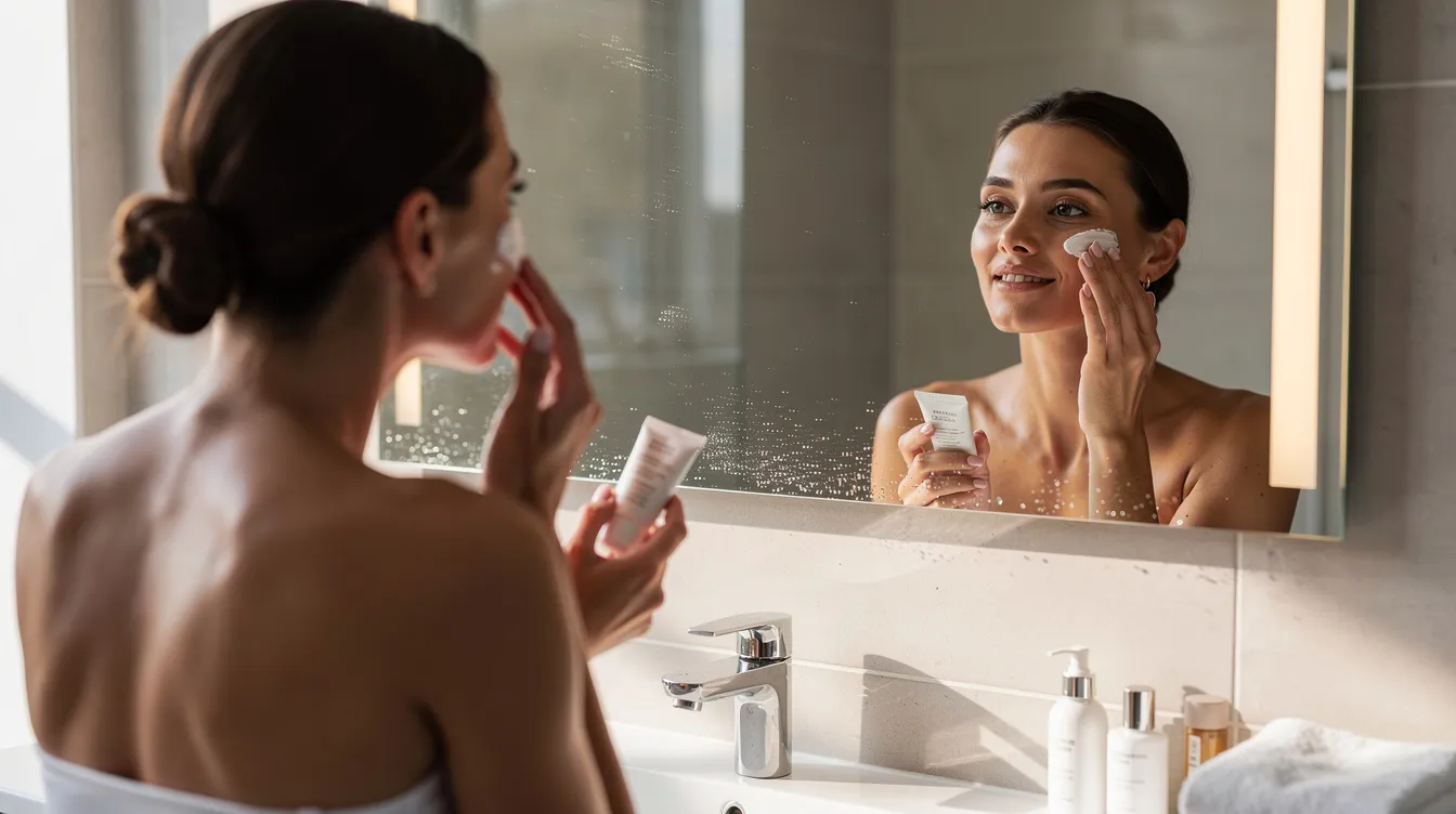 A person is seen applying a skincare product, possibly beef tallow, to their face in front of a mirror, focusing on enhancing their skin barrier and achieving deep hydration. The scene suggests a natural skincare routine, highlighting the benefits of fatty acids and fat-soluble vitamins for sensitive skin.