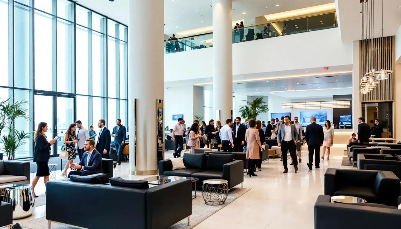 In a modern hotel lobby bustling with business travelers and tourists, guests engage in conversations while checking in using mobile check-ins and digital keys. The atmosphere reflects current hospitality industry trends, emphasizing personalized guest experiences and seamless digital interactions.
