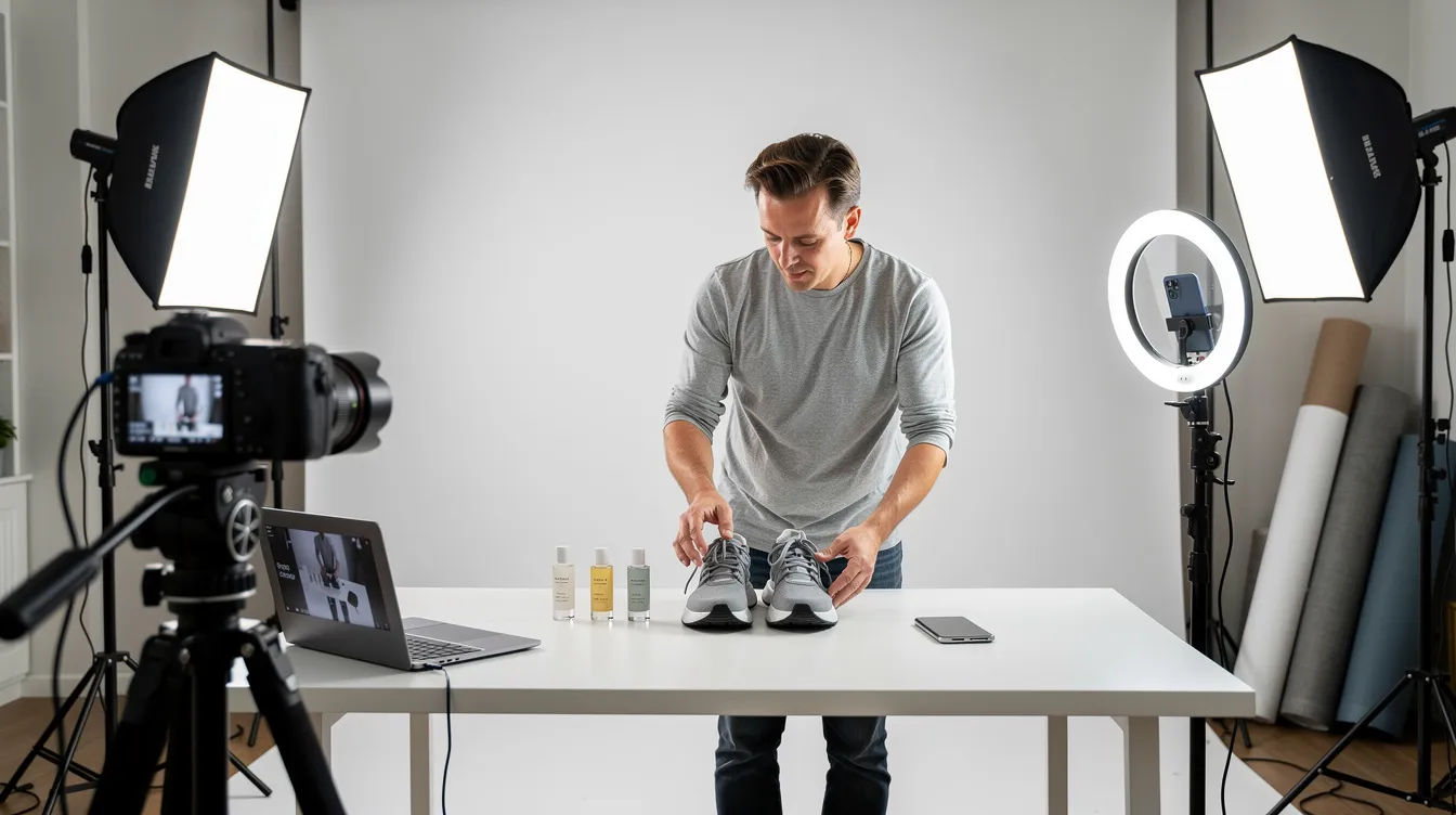 Een ondernemer staat achter een tafel en maakt productfoto's voor online advertenties, terwijl hij nadenkt over zoekmachine adverteren (SEA) om de online zichtbaarheid van zijn producten te vergroten. Op de achtergrond zijn verschillende camera's en accessoires zichtbaar, die bijdragen aan het creëren van visuele advertenties voor potentiële klanten.