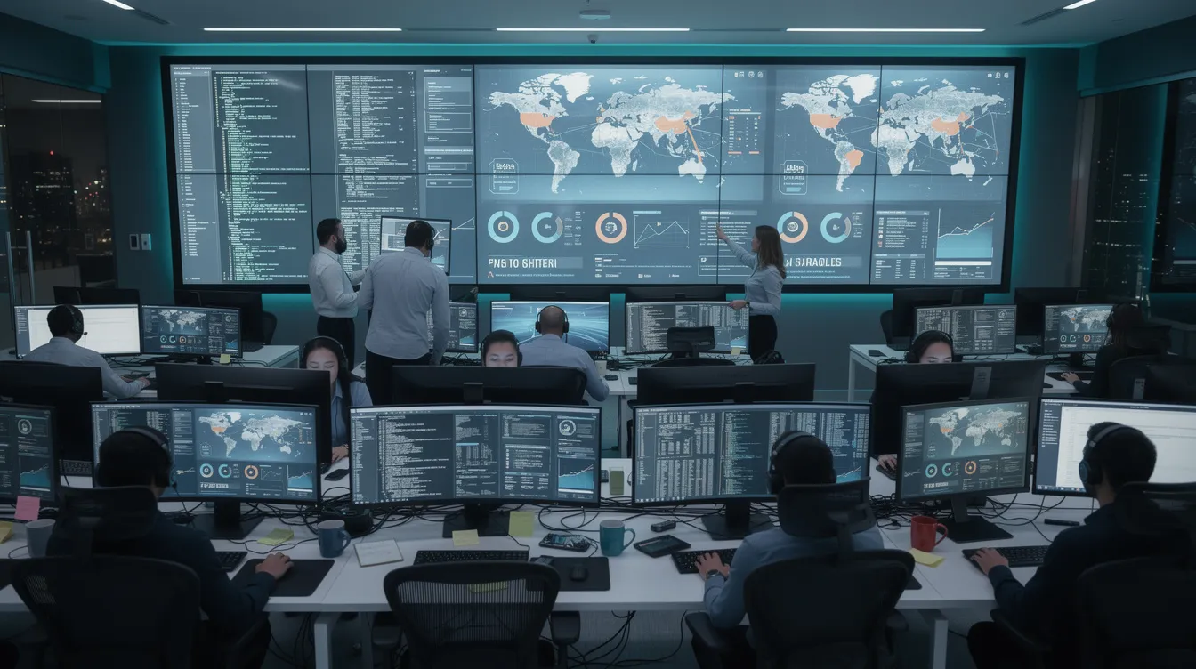 The image depicts a modern security operations center where cybersecurity analysts are intently monitoring multiple screens filled with data and alerts related to network security. This environment showcases the critical role of certified cybersecurity professionals in managing security risks and detecting threats in real-time.