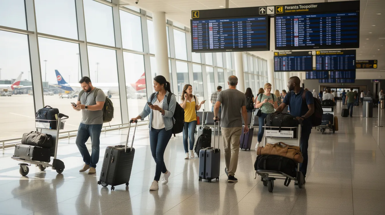 The image shows a diverse group of travellers, including individuals of various ethnicities, walking through an airport terminal with their luggage. They appear excited and ready to visit Australia, highlighting the importance of having a valid Australian visa to enter the country.