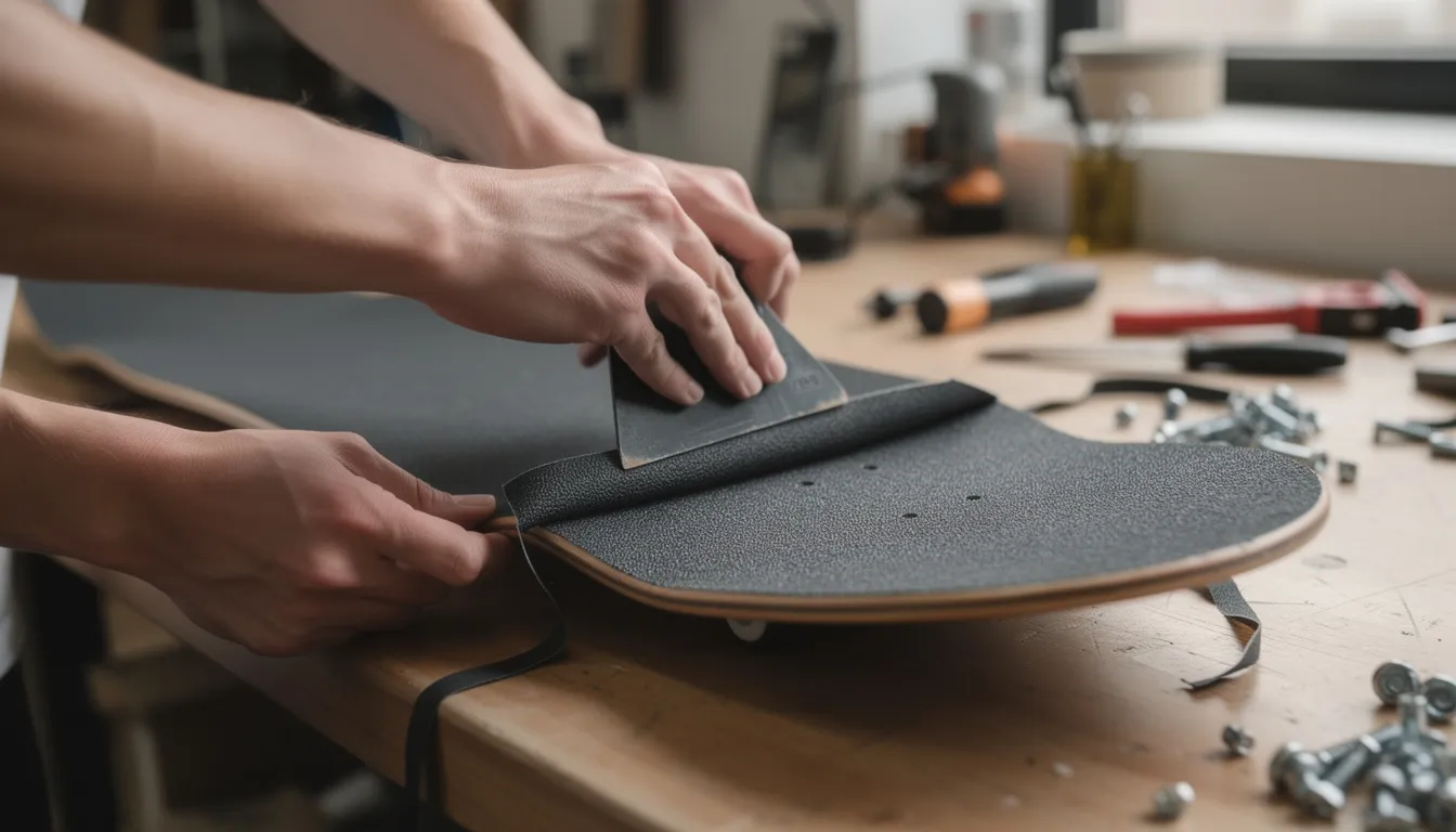 The image shows a skateboard deck being crafted, with grip tape being applied to its surface. The scene highlights the intricate process of creating a complete skateboard, emphasizing the importance of grip for optimal performance.