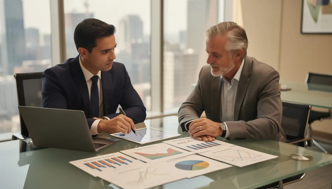 A financial advisor is seated at a table with a mature business owner, reviewing various financial charts and graphs that illustrate retirement plans, including 401(k) options and pension benefits. The discussion focuses on investment decisions and strategies to ensure financial security for retirement income.