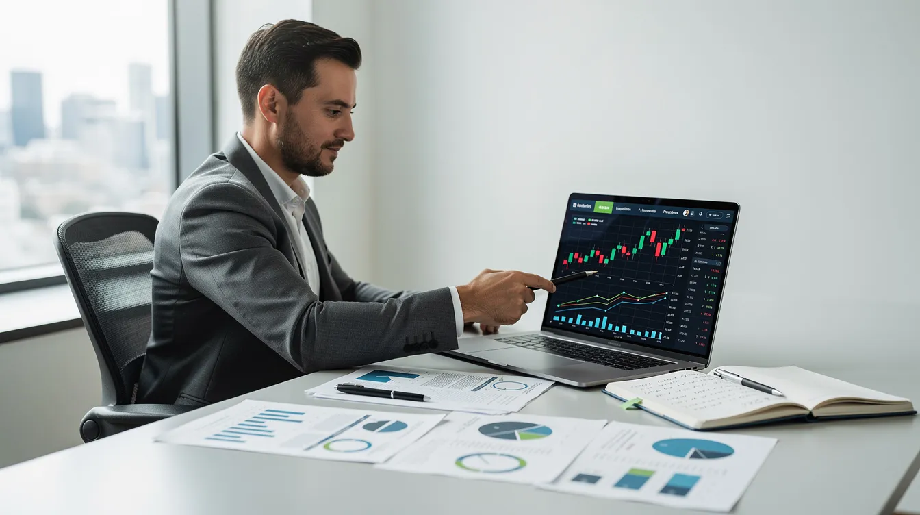 An entrepreneur is seated at a desk, intently comparing options on a laptop, with various financial charts displayed on the screen, highlighting the complexities of cross border payments and international transactions. The scene captures the critical decision-making process involved in selecting the right cross border payment solutions for managing cash flow across multiple markets.