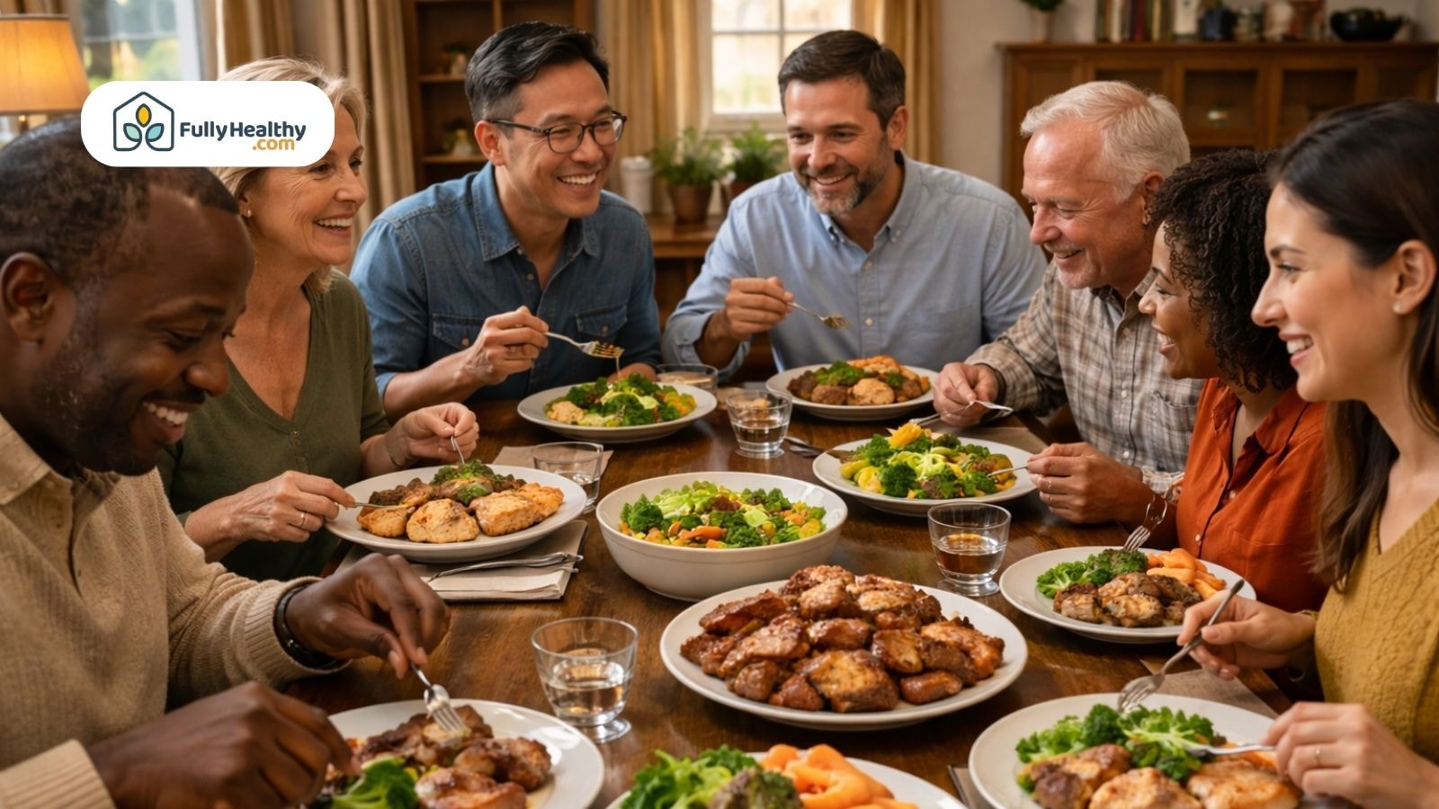 Diverse friends enjoying dinner with salad and meat around a table