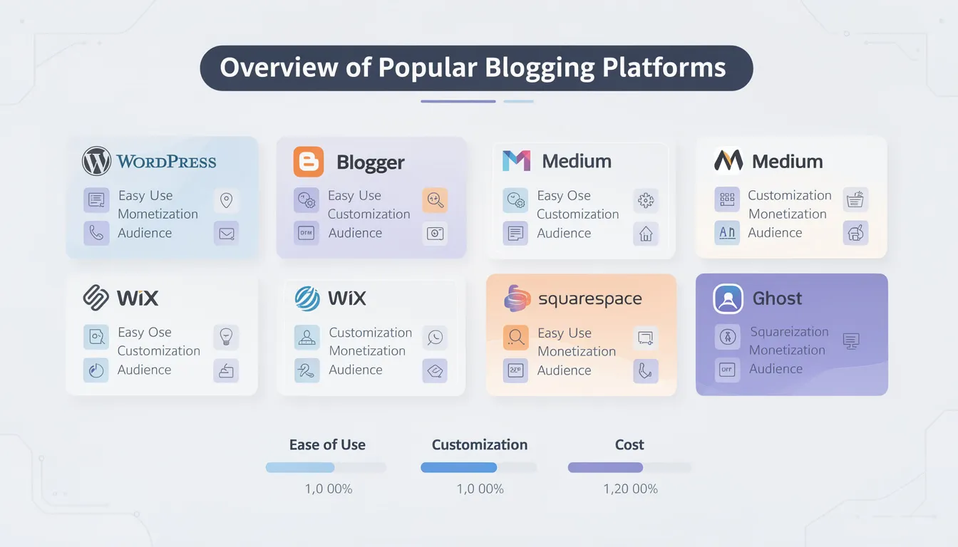 The image provides an overview of popular blogging platforms, highlighting options like WordPress, which is known for its versatile blogging capabilities and custom domain features. It emphasizes the importance of choosing the right blogging platform to publish blog posts effectively and grow a successful blog online.