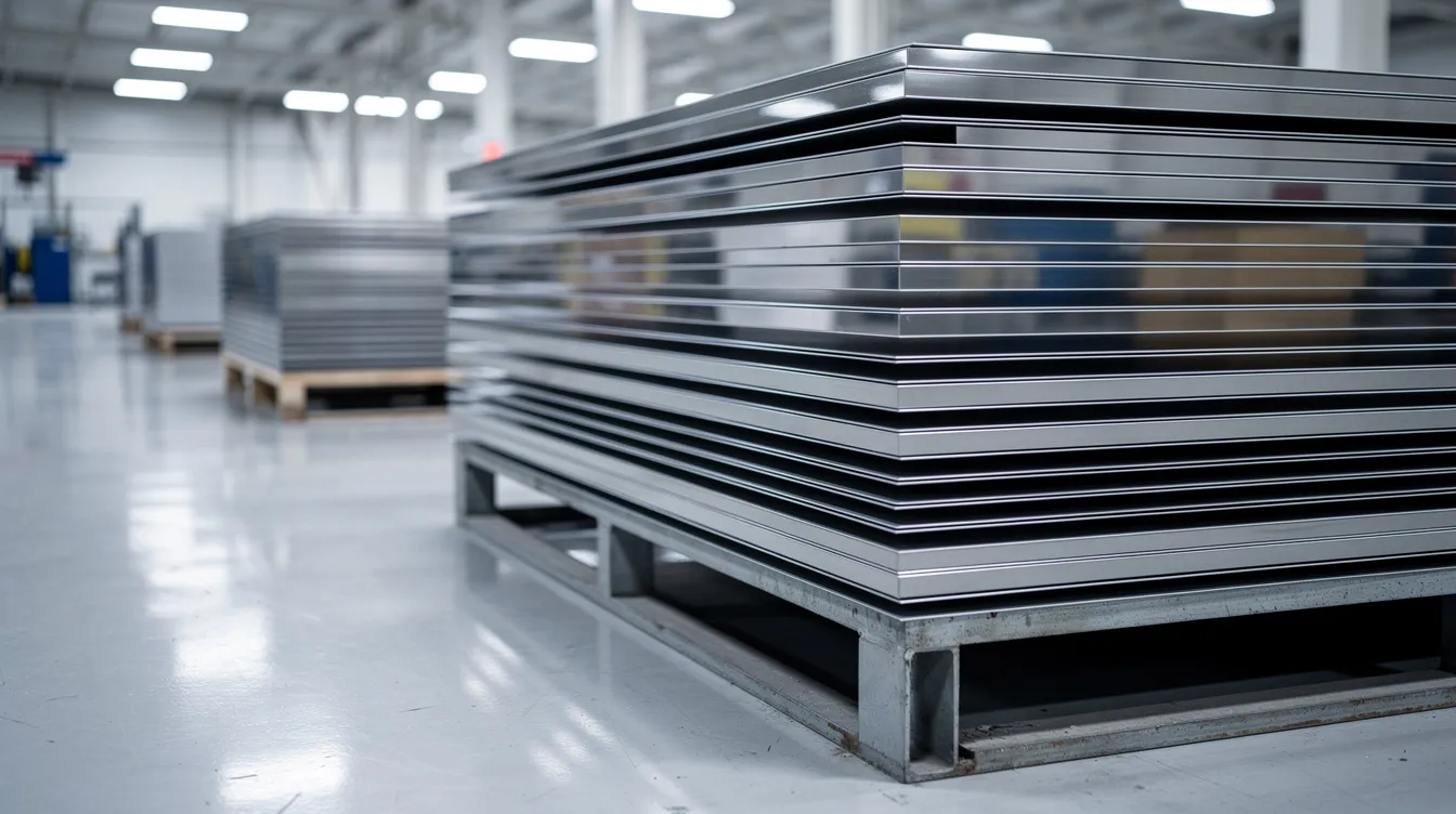 The image features stacked sheets of shiny, smooth steel in a clean industrial environment, showcasing both cold rolled and hot rolled steel products. The sheets exhibit a sleek surface finish, highlighting their precise dimensions and suitability for various structural applications.