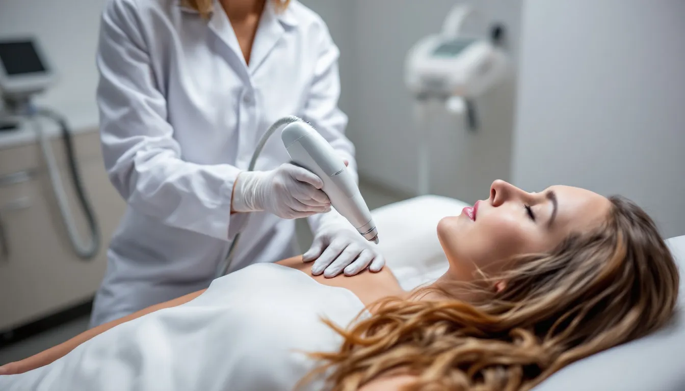 In a medical clinic setting, a professional is performing laser hair removal treatment on a client, using a medical-grade laser to target unwanted hair. The procedure aims to destroy hair follicles for permanent hair reduction, ensuring the client wears protective eyewear for safety.