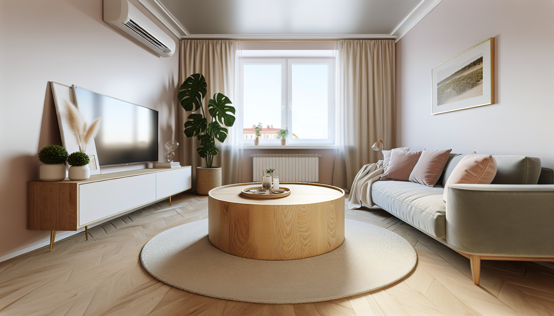 Minimalistic round coffee table in a small, inviting living room