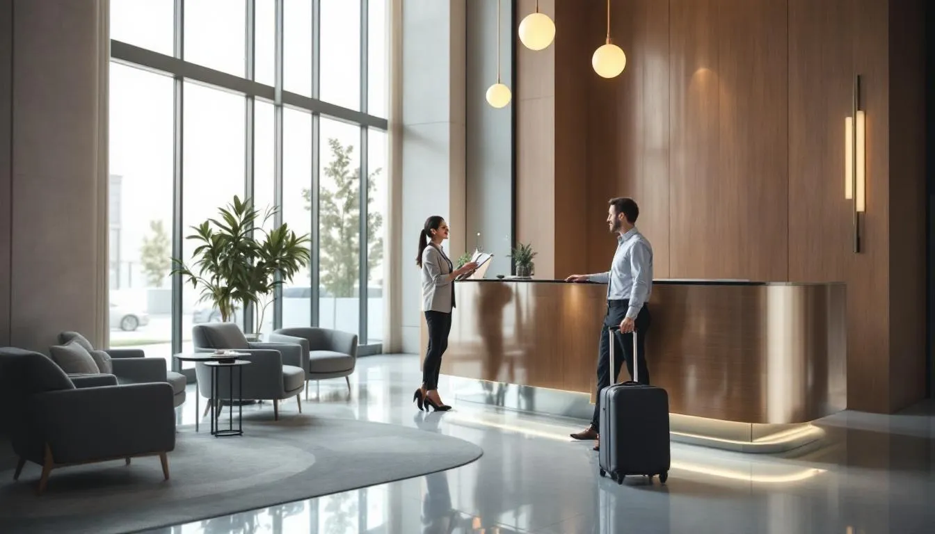 The image depicts a modern hotel lobby bustling with activity, where guests are checking in at a sleek reception desk. The inviting atmosphere highlights the hotel’s competitive edge in the hospitality industry, aiming to enhance guest satisfaction and attract potential guests.