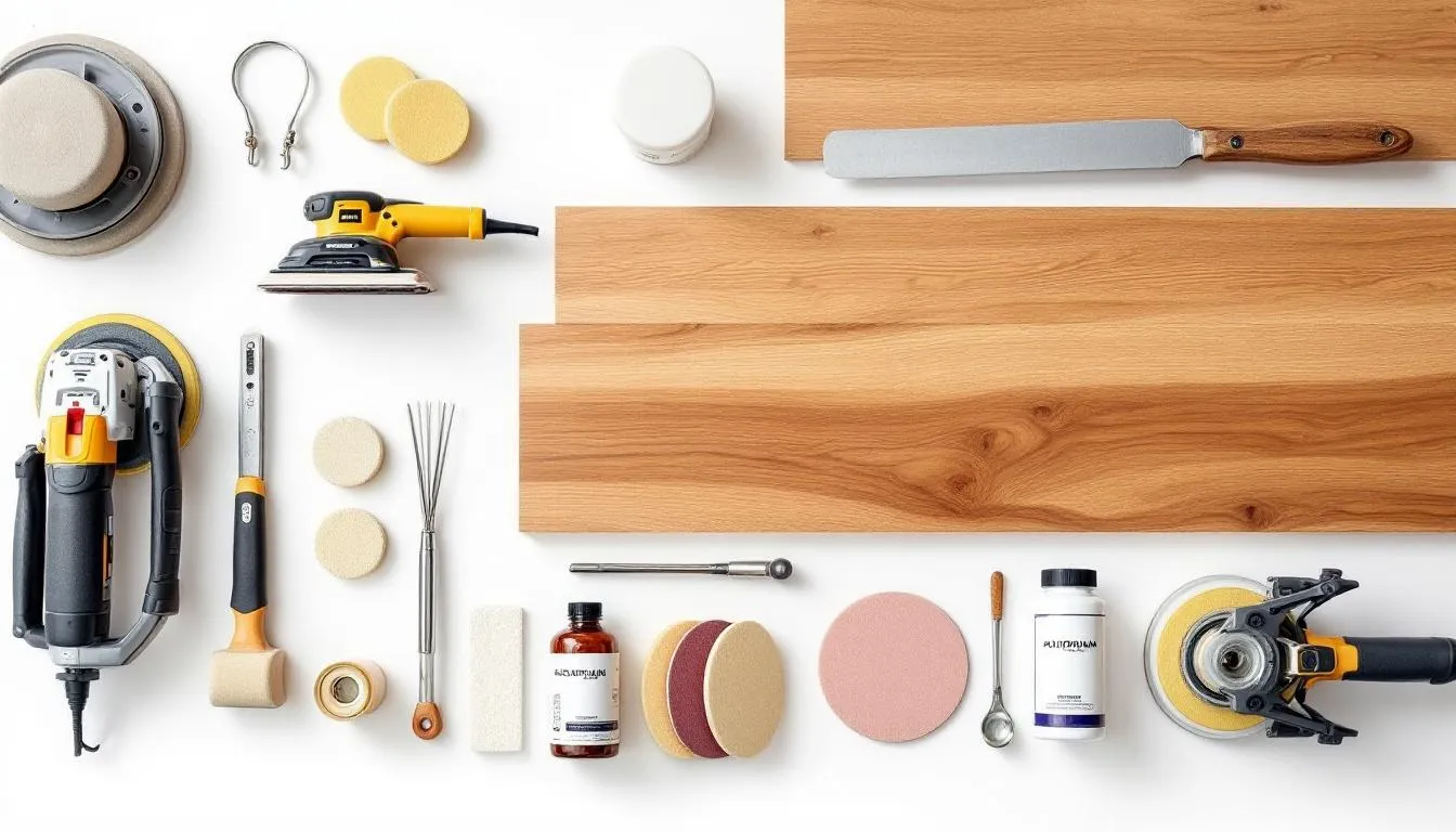 Essential tools for refinishing hardwood floors, including various sanders and materials.