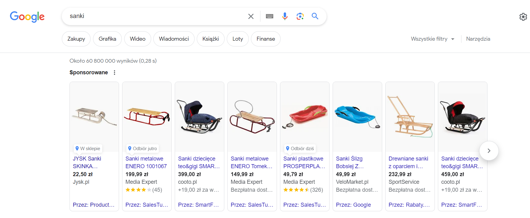 Widok na reklamy typu shopping w wynikach wyszukiwania Google Ads. 