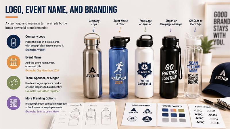 Custom branded water bottles showcasing different logo placements, event branding, and promotional design options for corporate gifts and marketing campaigns, displayed in a product design comparison layout.