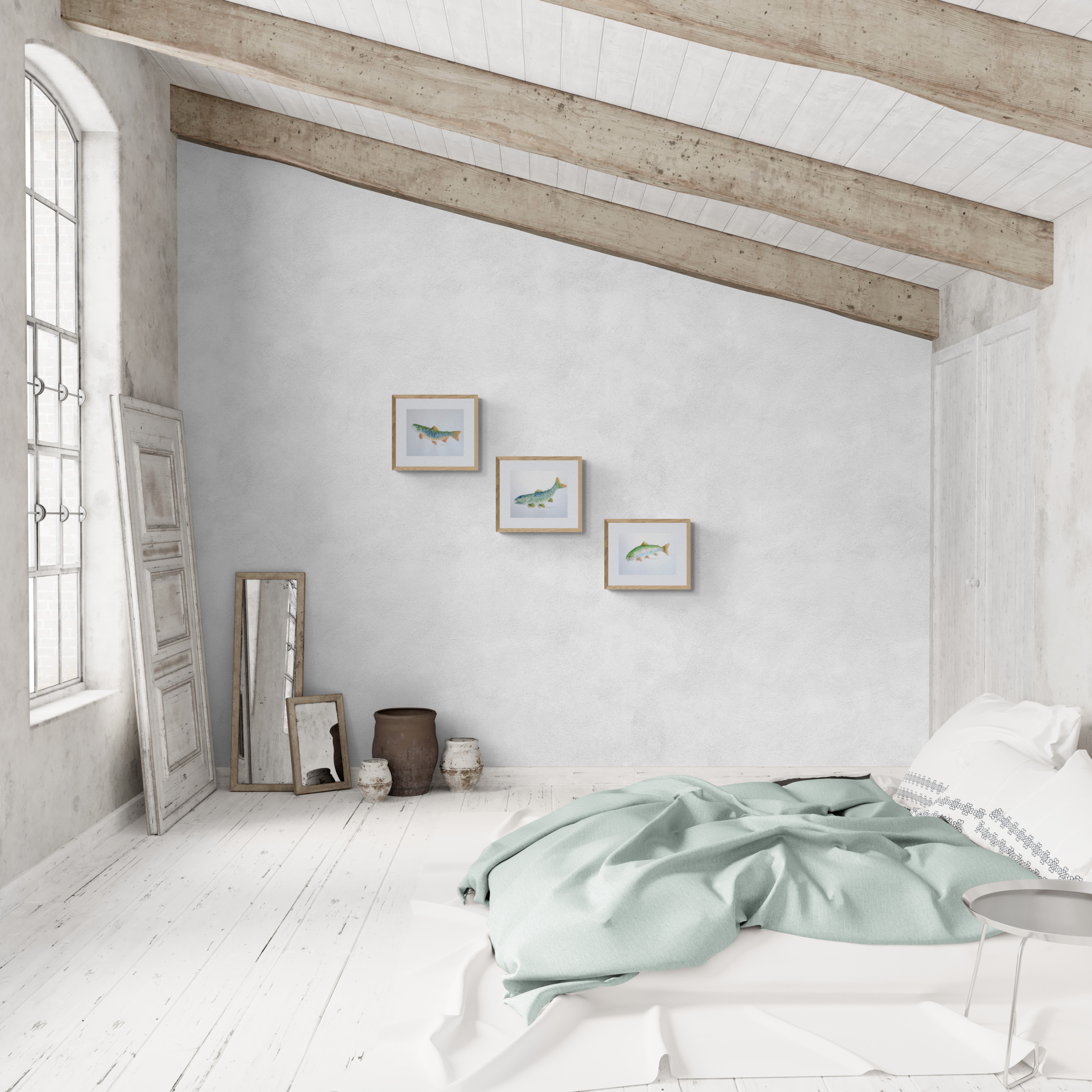 Minimal and Rustic styled bedroom with wall art by artterra artist Pamela Paulenko