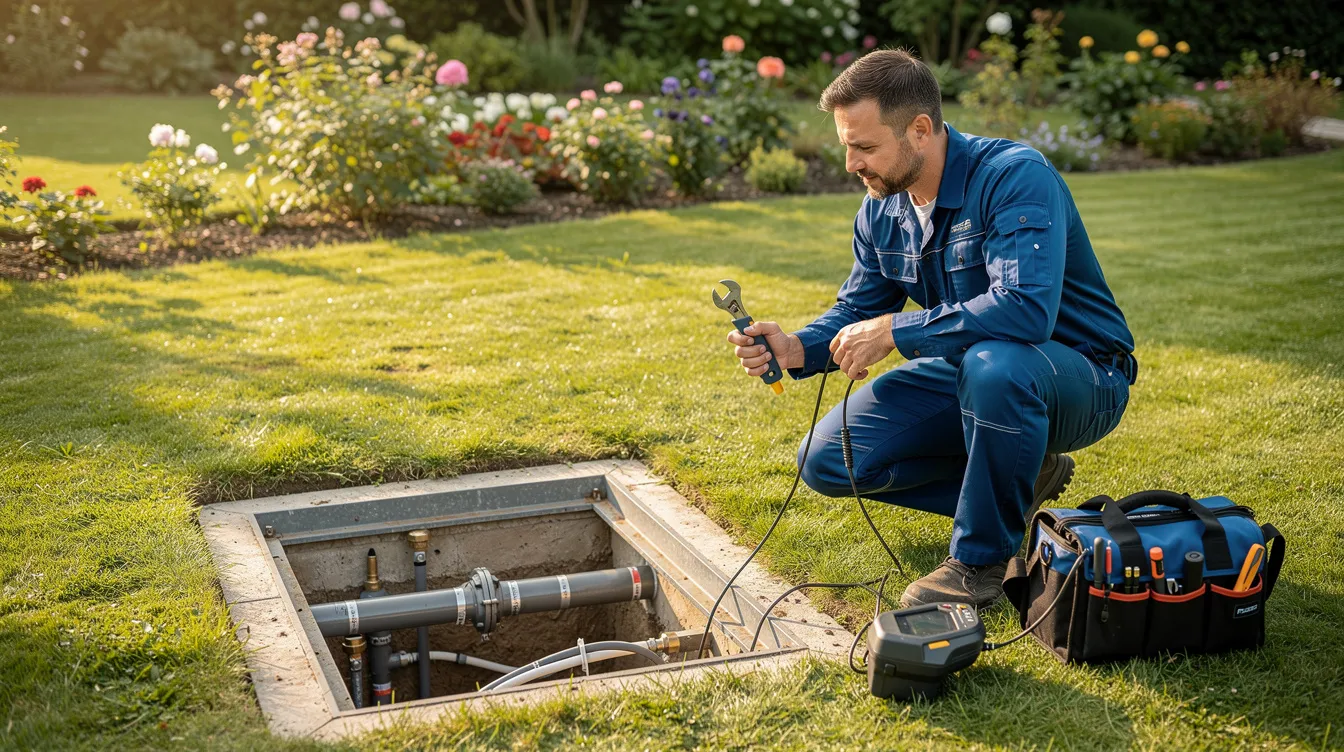 Un technicien en vêtements de travail bleus inspecte une installation d'assainissement enterrée dans un jardin, tenant des outils à la main. Cette scène illustre l'importance de l'entretien des systèmes tels que la fosse toutes eaux ou la microstation pour un traitement efficace des eaux usées.