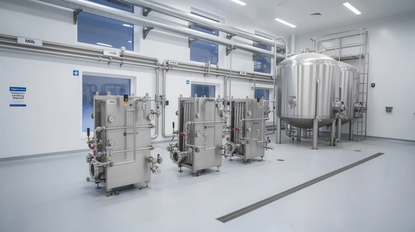The image depicts a modern dairy plant interior featuring stainless steel heat exchangers, extensive piping, and processing tanks, all set in a clean industrial environment crucial for the dairy processing industry. This efficient setup is essential for the production of homogenized and pasteurized milk, ensuring optimal milk quality and extended shelf life while maintaining food safety standards.