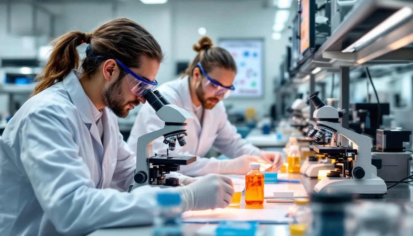 The image depicts scientists in a laboratory closely examining disease samples under microscopes, focusing on understanding the infectious agents responsible for communicable diseases. Their work is crucial for identifying how these diseases, such as hepatitis and malaria, can spread through direct contact, contaminated surfaces, or bodily fluids.