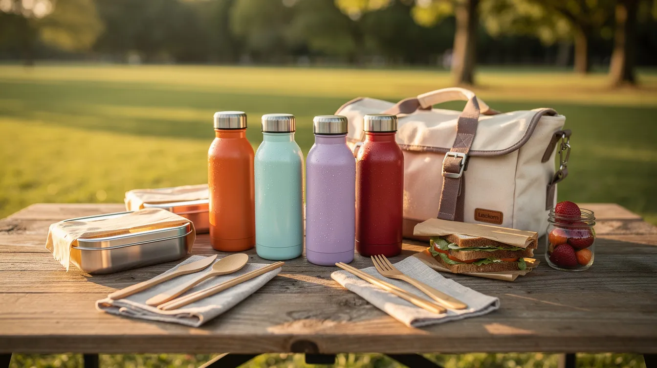 An outdoor table is beautifully arranged with reusable bottles, bamboo utensils, and various picnic items, perfect for enjoying meals during hot summer days. These practical summer products are ideal for outdoor gatherings and beach trips, making them essential for the summer season.