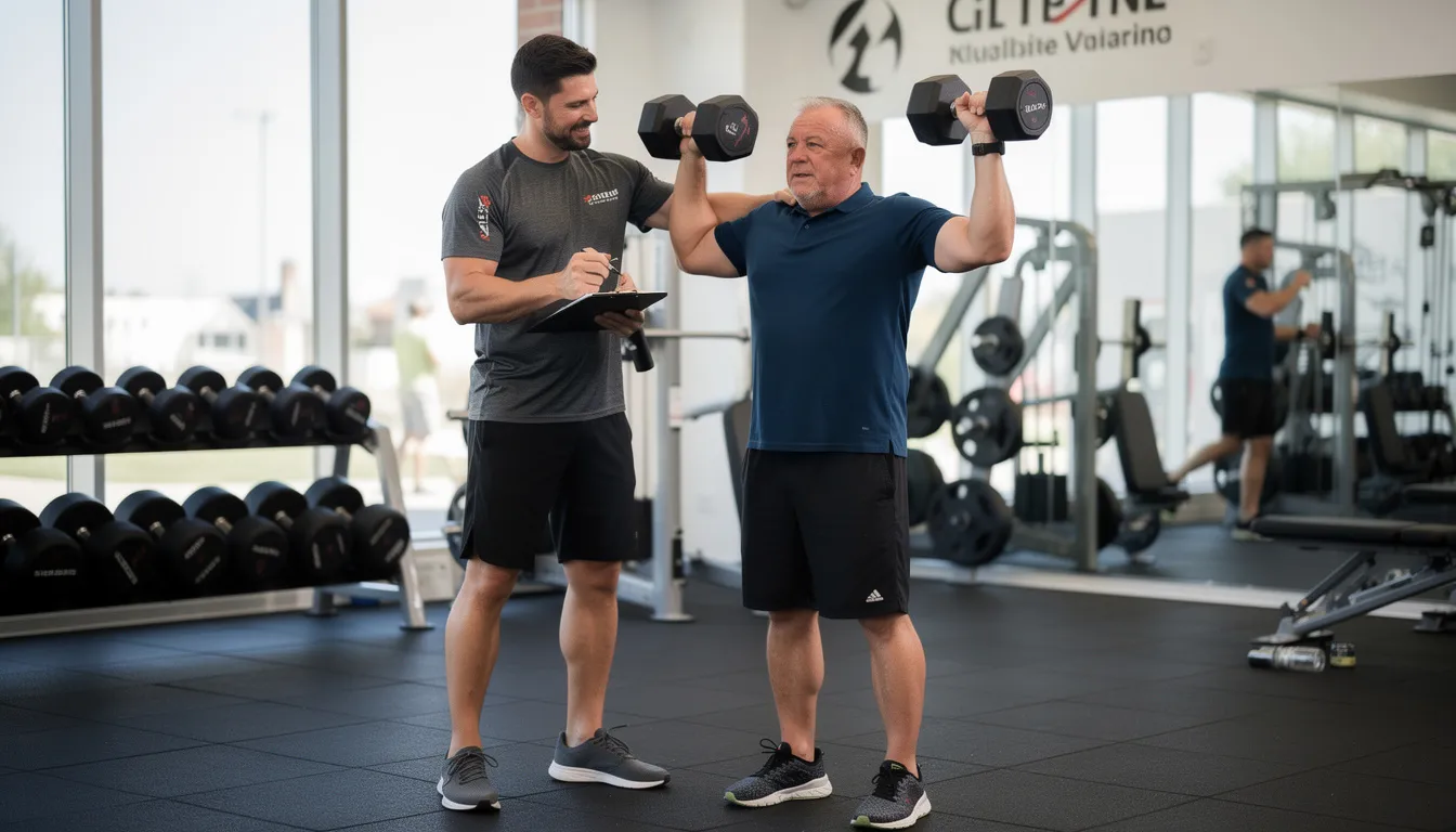 A personal trainer is guiding a middle-aged male client through an exercise routine in a gym, emphasizing the importance of health services and fitness in achieving a successful career change. The trainer supports the client in building strength and confidence, crucial for navigating new opportunities in the job market.