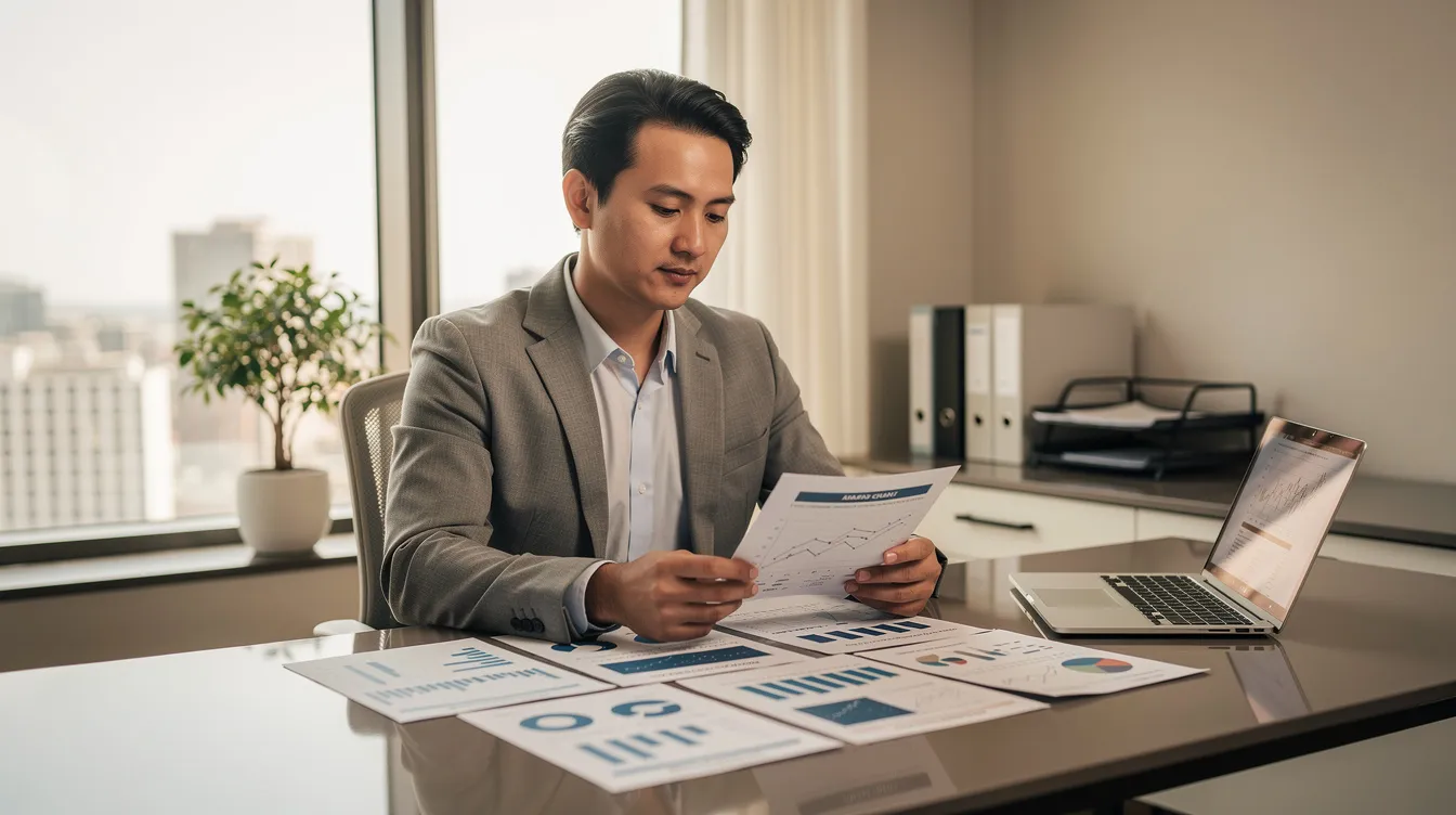 A small business owner is seated at a modern desk, reviewing important documents with a laptop open nearby, highlighting the trademark registration process and the importance of protecting their brand identity. The scene reflects a focus on intellectual property and the legal aspects of trademark law.