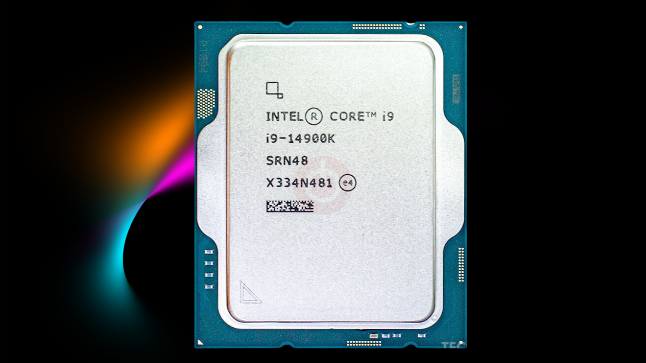 Intel Core i9-14900K processor with a silver metal surface and blue substrate. The background is a dynamic black with colorful glowing light effects, highlighting the processor.