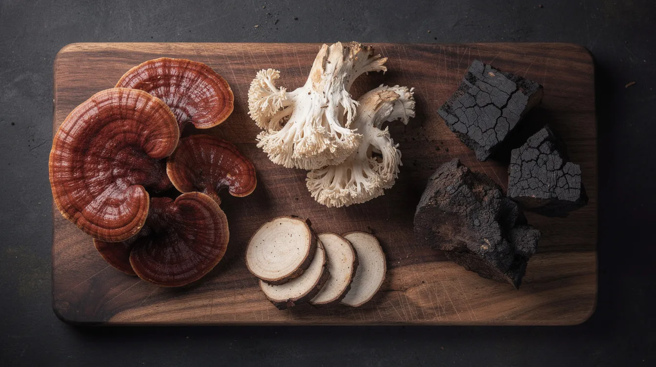 An assortment of medicinal mushrooms, including reishi, lion's mane, and chaga, is beautifully arranged on a dark wooden cutting board, showcasing their unique shapes and earthy colors. This image highlights the natural benefits of these functional mushrooms, often used in mushroom supplements for improved focus and overall well-being.